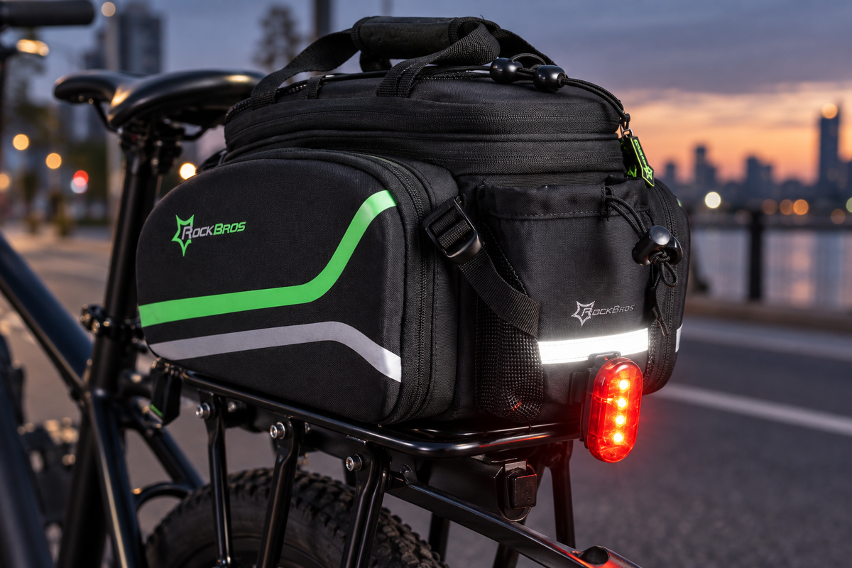 Gepäckträgertasche – mit Rücklicht in der Abenddämmerung