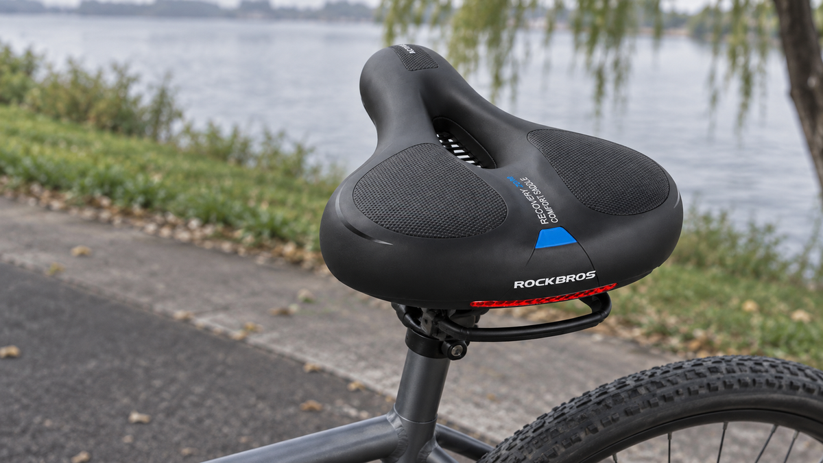 Komfortsattel mit Memory-Schaum – schwarzer Sattel mit blauen Details auf einem Fahrrad am See