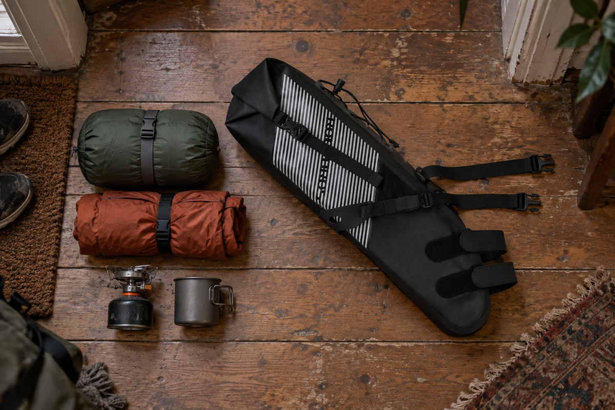 Satteltasche 10 L – neben Campingausrüstung auf dem Boden