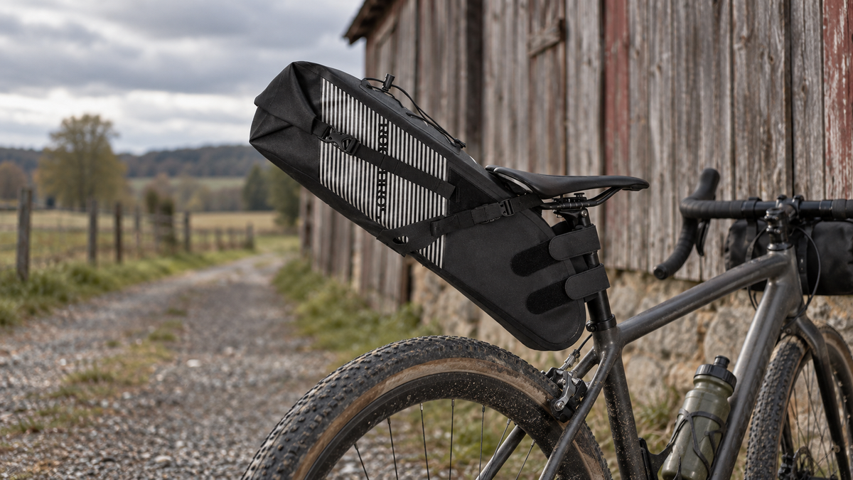Satteltasche 10 L – unter dem Fahrradsattel vor einer Scheune