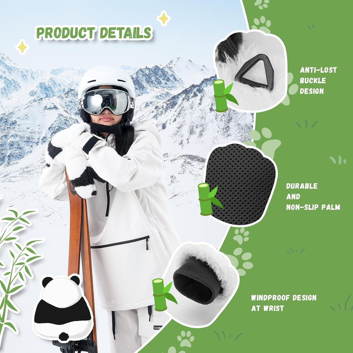 Qunature Skihandschuhe Panda-Design Handschuhe für Kinder von 4–12 Jahren