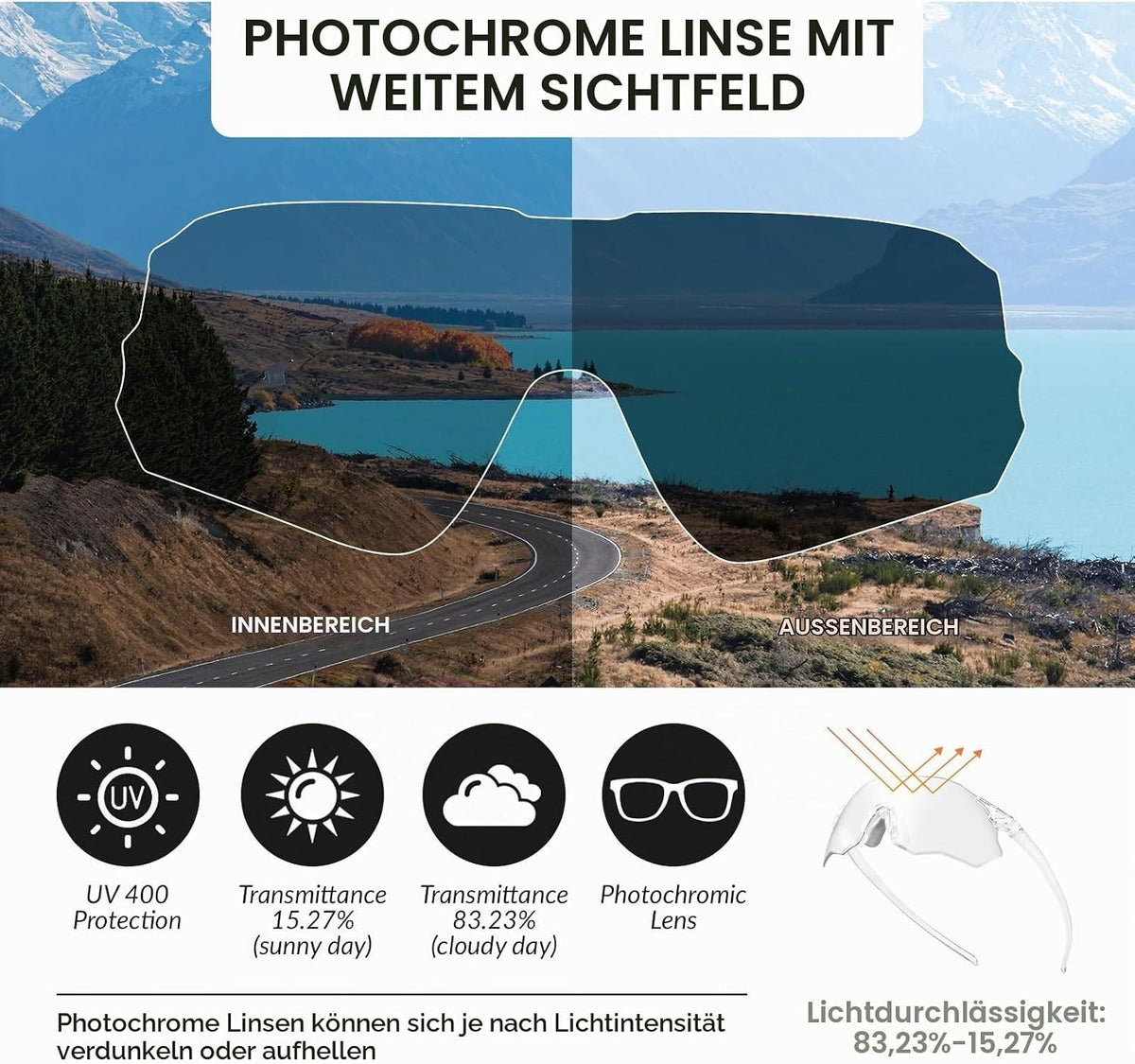 ROCKBROS Fahrradbrille Sportsonnenbrille Photochrom Rennradbrille Rahmenlose