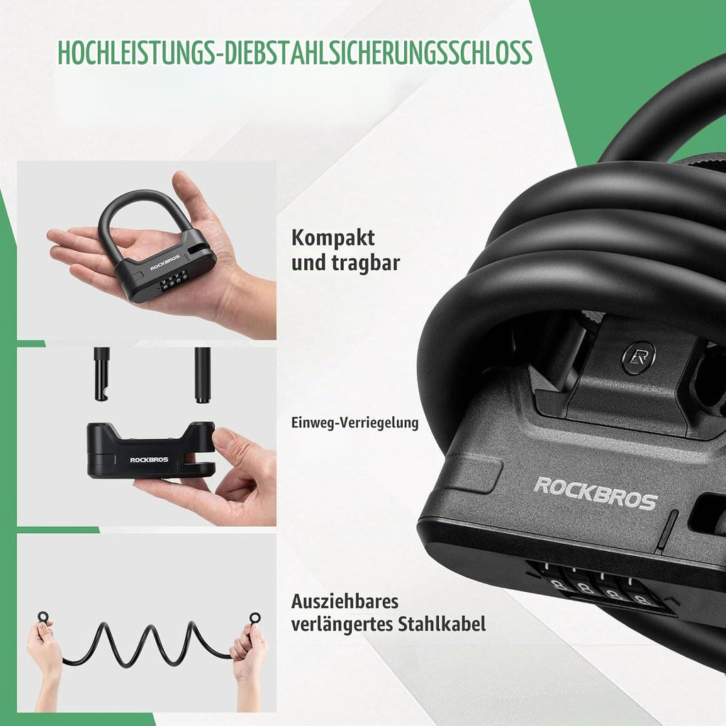 ROCKBROS Fahrradschloss Bügelschloss mit Kabel, 11 mm, 1,1 m, 4-Stellig