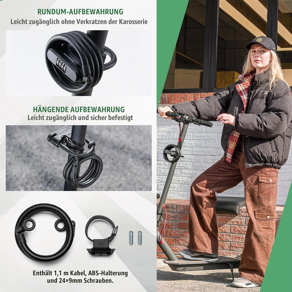 ROCKBROS Fahrradschloss Bügelschloss mit Kabel, 11 mm, 1,1 m, 4-Stellig