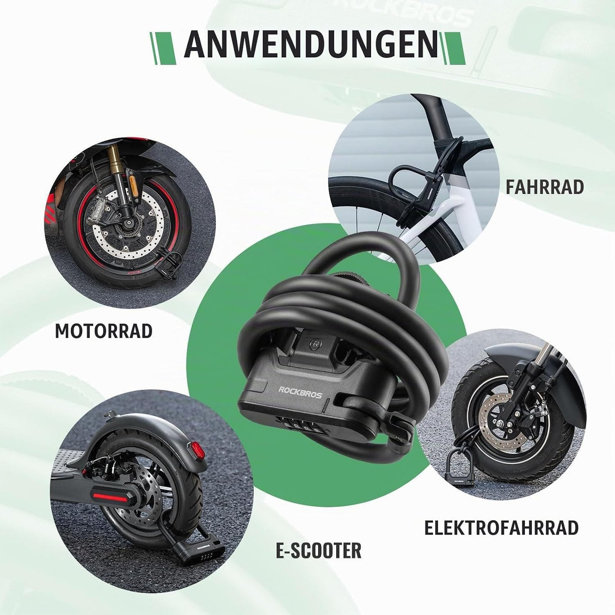 ROCKBROS Fahrradschloss Bügelschloss mit Kabel, 11 mm, 1,1 m, 4-Stellig