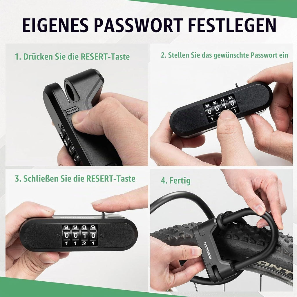 ROCKBROS Fahrradschloss Bügelschloss mit Kabel, 11 mm, 1,1 m, 4-Stellig