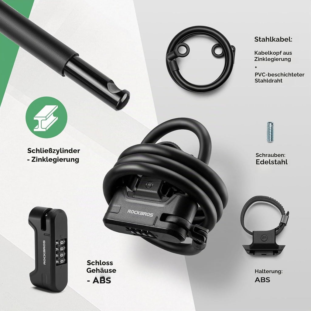 ROCKBROS Fahrradschloss Bügelschloss mit Kabel, 11 mm, 1,1 m, 4-Stellig