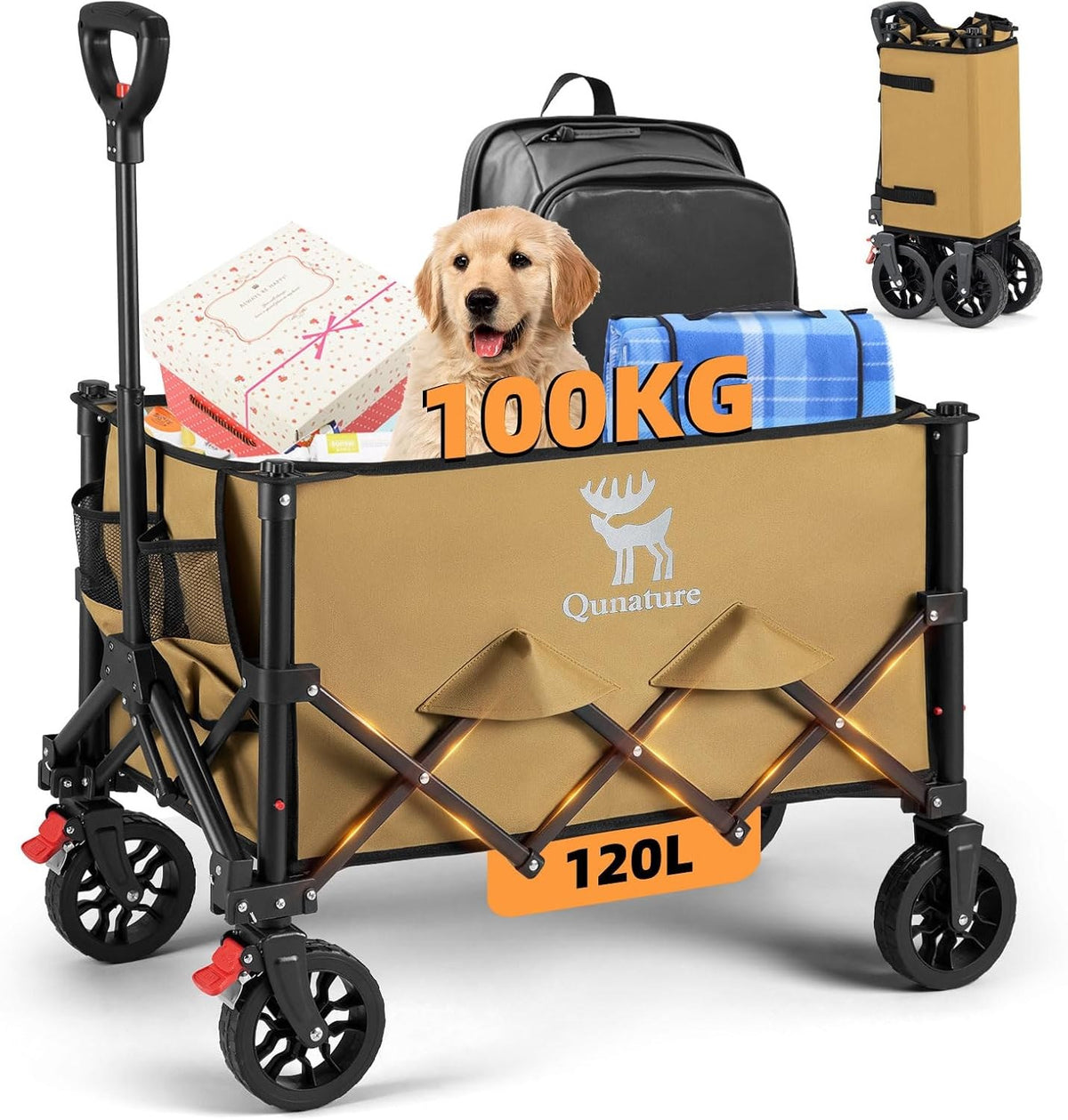 Qunature Faltbarer Campingwagen Bollerwagen mit Bremse,120L