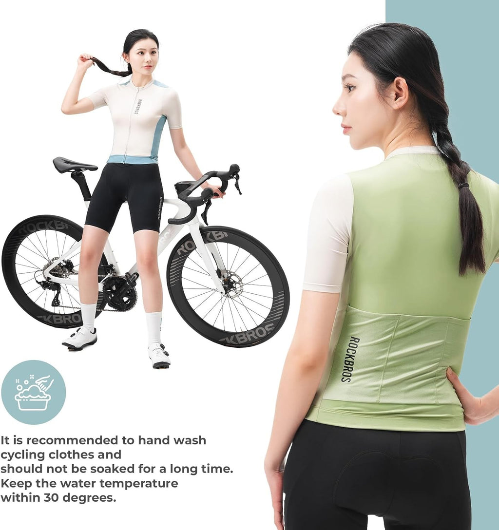 ROCKBROS Damen Fahrradtrikot Kurzarm Sommer Atmungsaktiv mit 3 Taschen