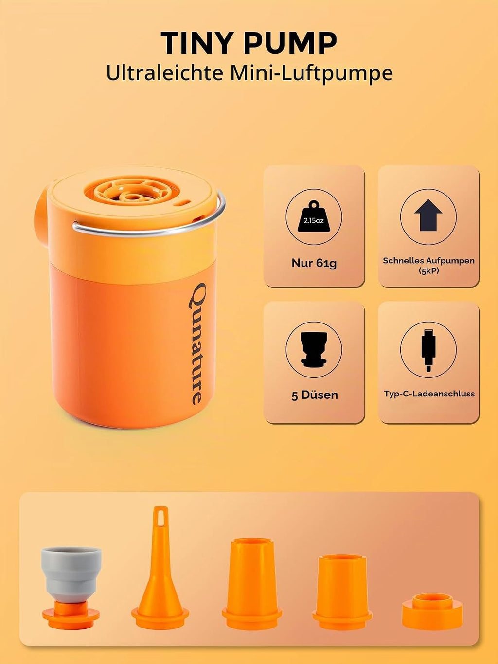 Qunature Mini Luftpumpe Elektrisch, 2 in 1 Tragbar, 5kPa & 1500mAh Akku Orange