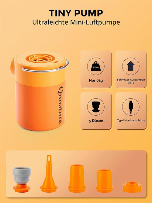 Qunature Mini Luftpumpe Elektrisch, 2 in 1 Tragbar, 5kPa & 1500mAh Akku Orange