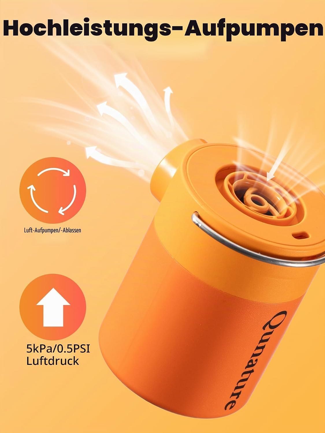 Qunature Mini Luftpumpe Elektrisch, 2 in 1 Tragbar, 5kPa & 1500mAh Akku Orange