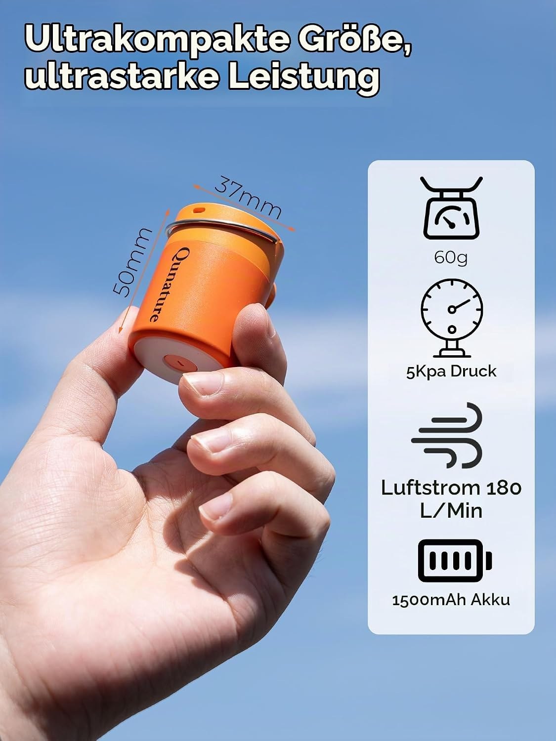 Qunature Mini Luftpumpe Elektrisch, 2 in 1 Tragbar, 5kPa & 1500mAh Akku Orange