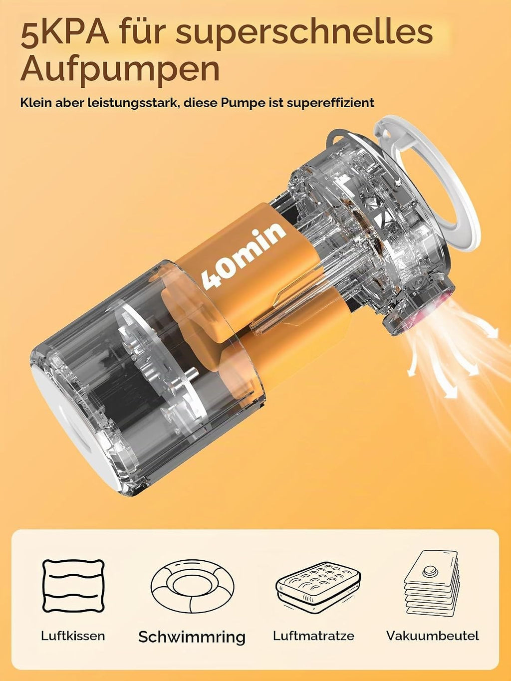 Qunature Mini Luftpumpe Elektrisch, 2 in 1 Tragbar, 5kPa & 1500mAh Akku Orange
