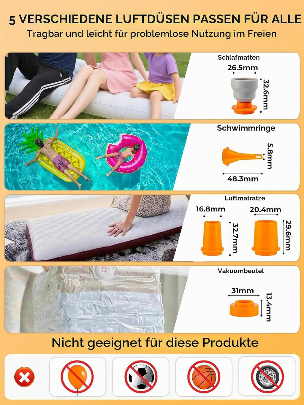 Qunature Mini Luftpumpe Elektrisch, 2 in 1 Tragbar, 5kPa & 1500mAh Akku Orange