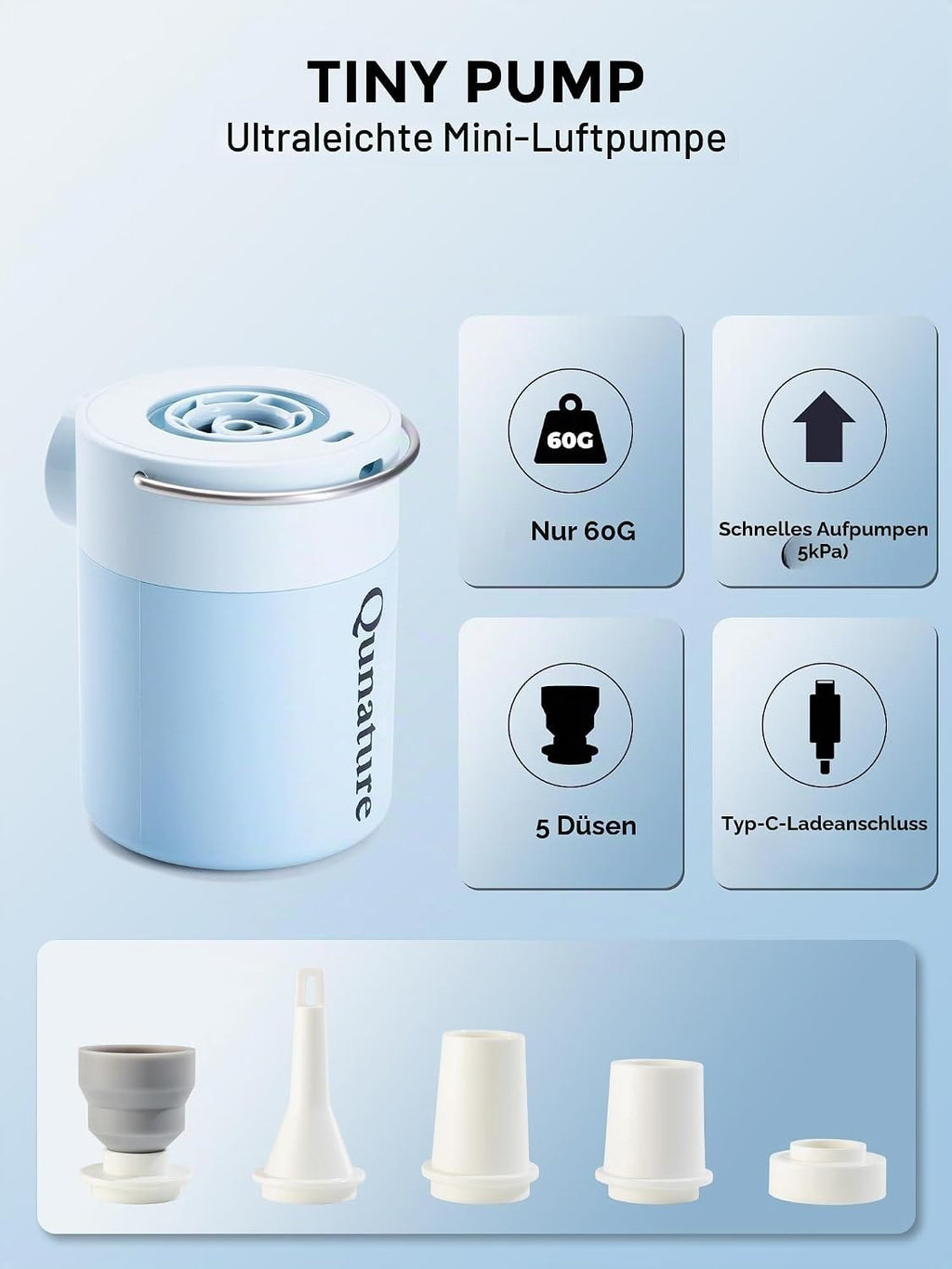 Qunature Mini Luftpumpe Elektrisch, 2 in 1 Tragbar, 5kPa & 1500mAh Akku Light Blue