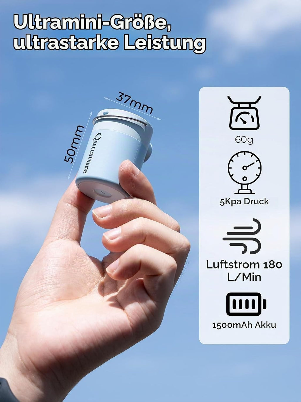 Qunature Mini Luftpumpe Elektrisch, 2 in 1 Tragbar, 5kPa & 1500mAh Akku Light Blue