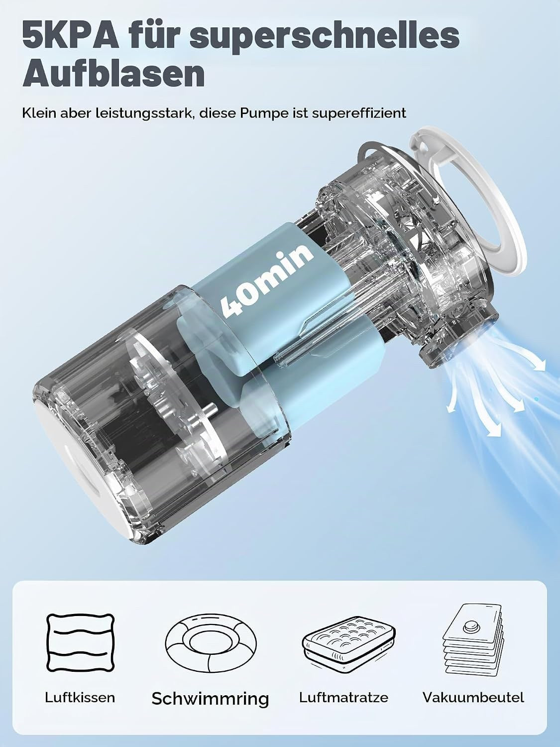 Qunature Mini Luftpumpe Elektrisch, 2 in 1 Tragbar, 5kPa & 1500mAh Akku Light Blue