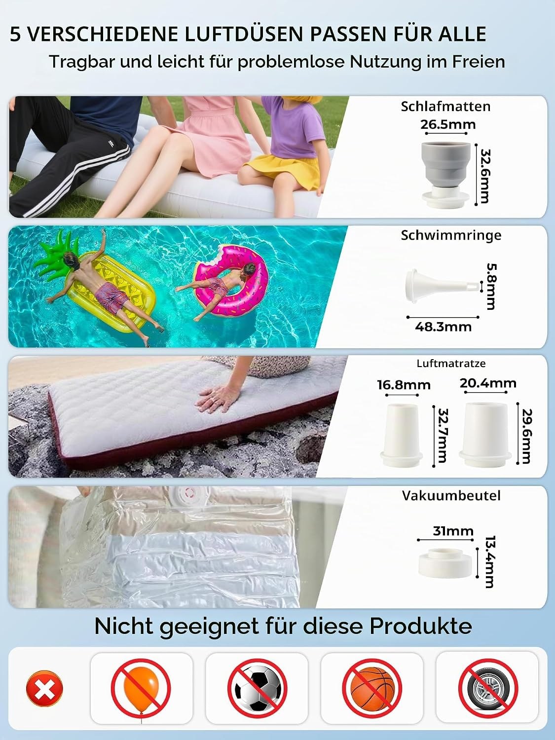 Qunature Mini Luftpumpe Elektrisch, 2 in 1 Tragbar, 5kPa & 1500mAh Akku Light Blue