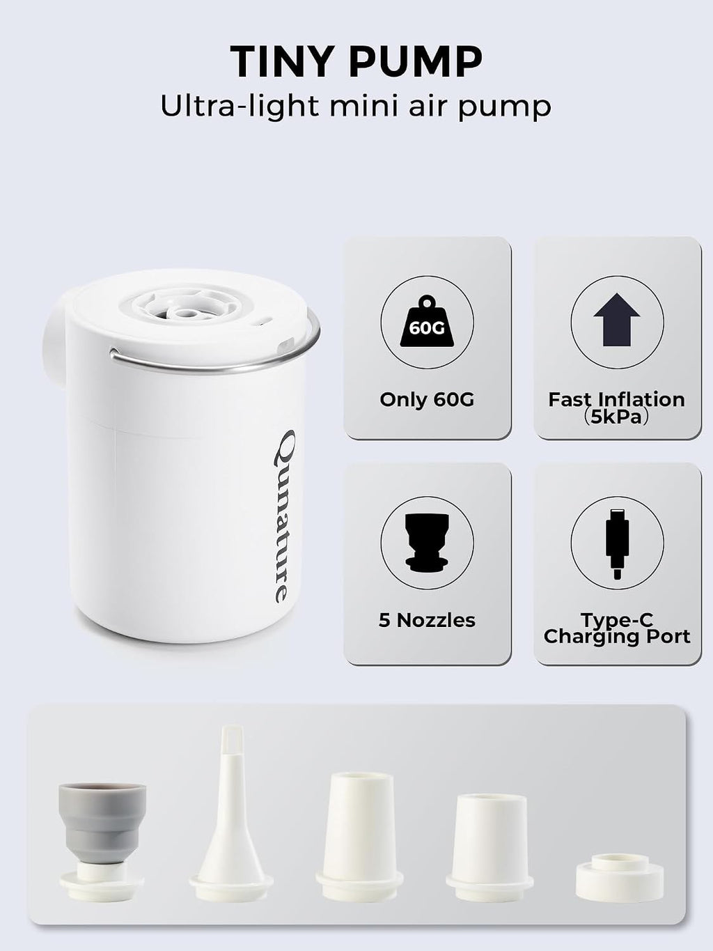 Qunature Mini Luftpumpe Elektrisch, 2 in 1 Tragbar, 5kPa & 1500mAh Akku White