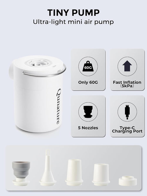 Qunature Mini Luftpumpe Elektrisch, 2 in 1 Tragbar, 5kPa & 1500mAh Akku White