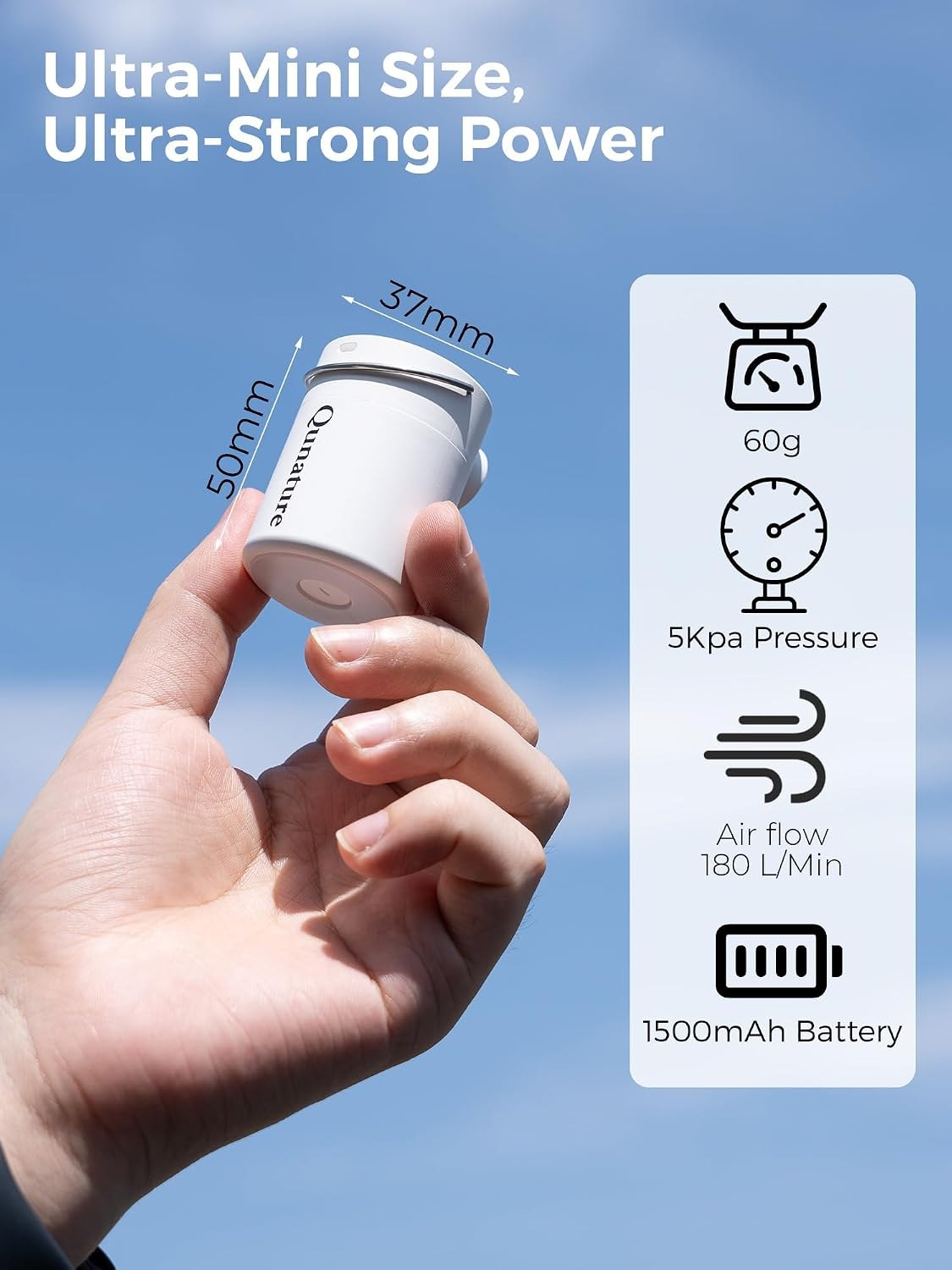 Qunature Mini Luftpumpe Elektrisch, 2 in 1 Tragbar, 5kPa & 1500mAh Akku White