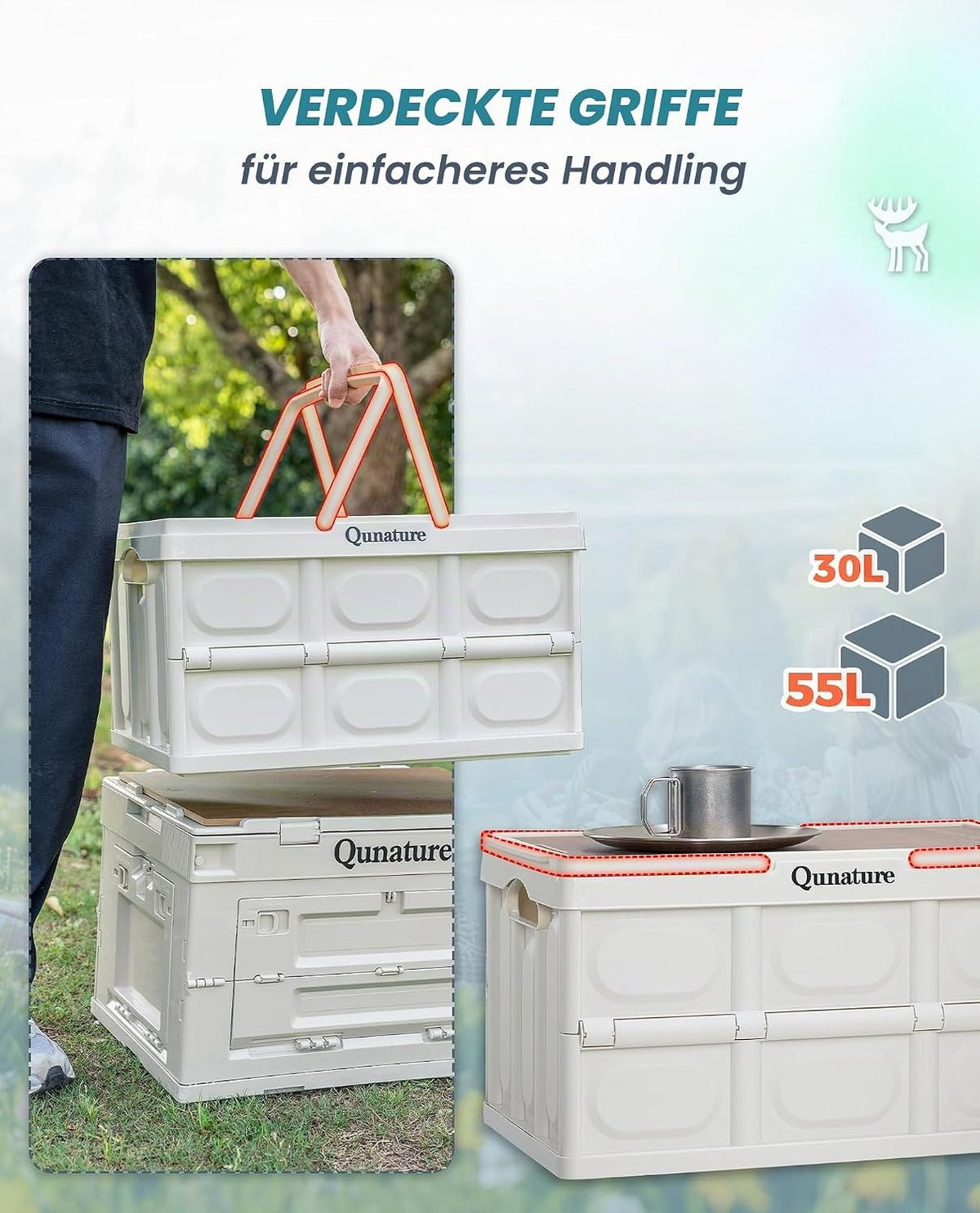Qunature Campingbox Faltbare, Aufbewahrungsbox mit Deckel 30L, Klappbox