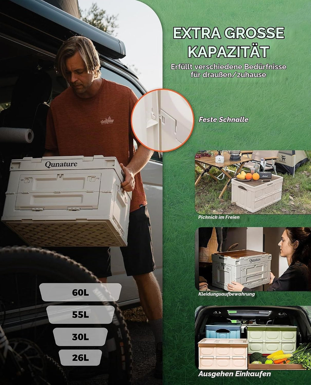 Qunature Campingbox Faltbare, Aufbewahrungsbox mit Deckel 30L, Klappbox