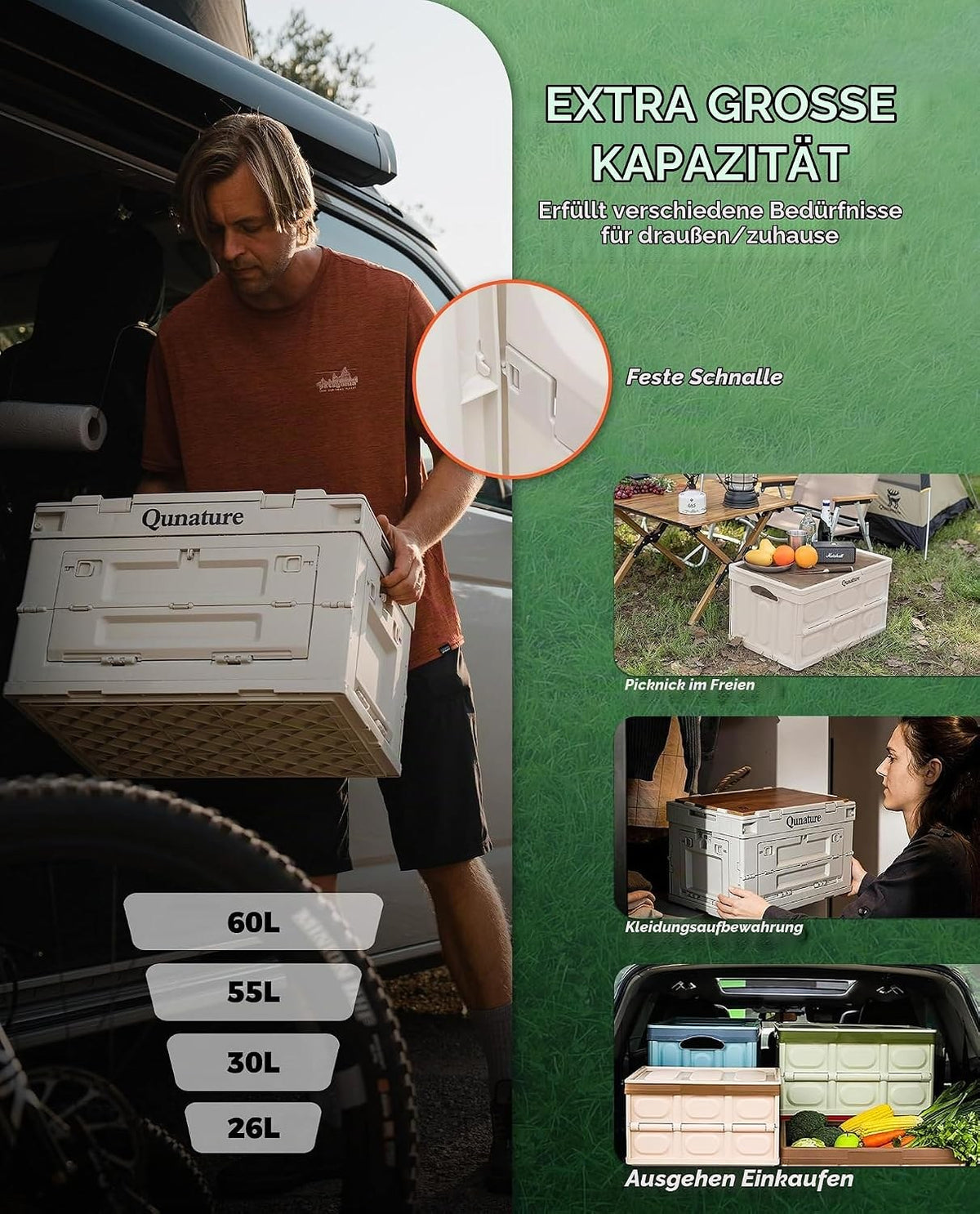 Qunature Campingbox Faltbare, Aufbewahrungsbox mit Deckel 30L, Klappbox