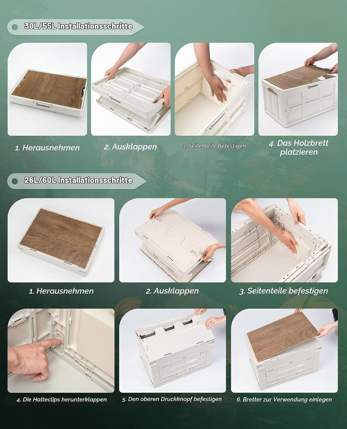Qunature Campingbox Faltbare, Aufbewahrungsbox mit Deckel 30L, Klappbox