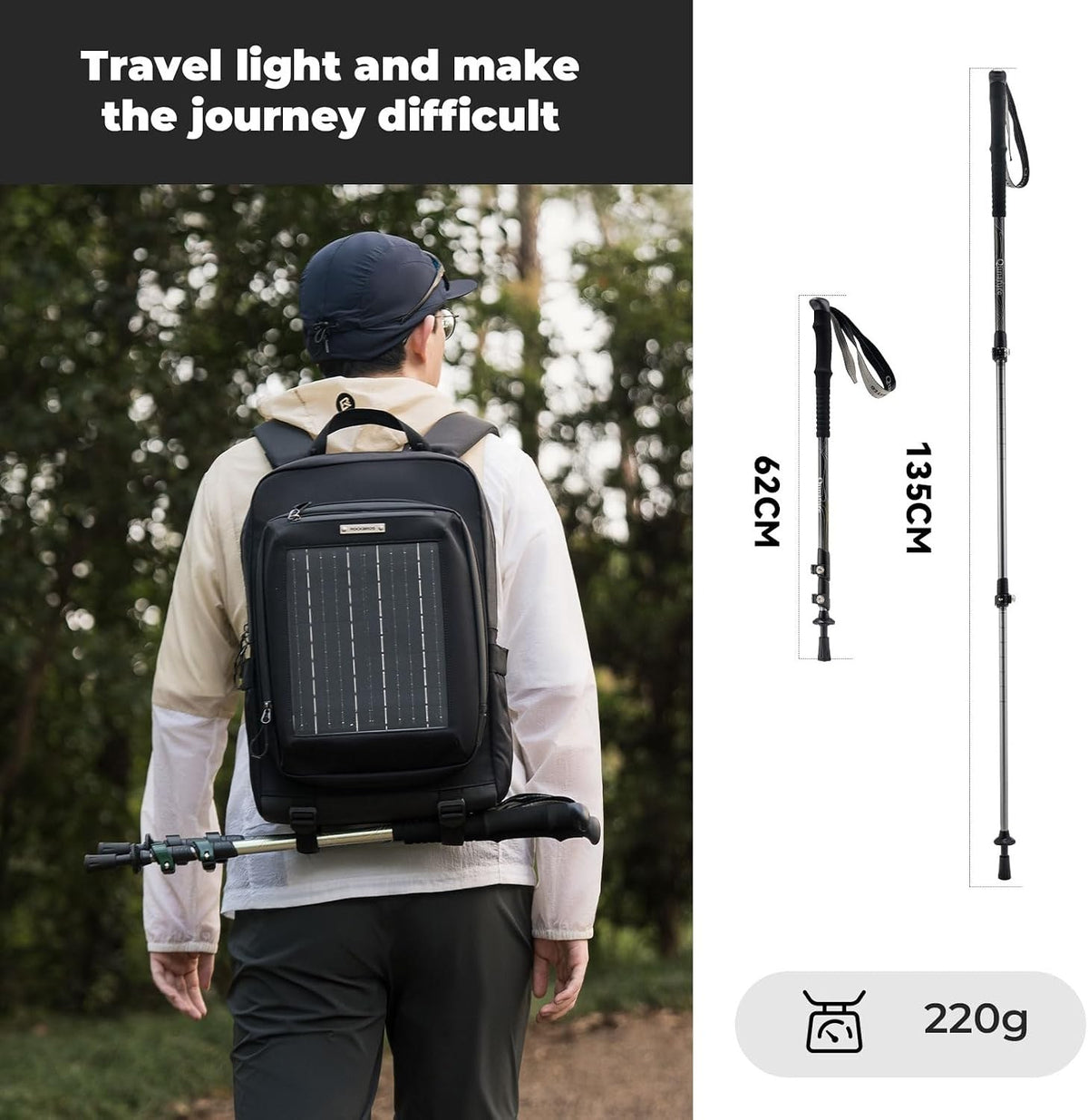 Qunature Wanderstöcke Aluminium Ultraleicht, Verstellbar 62–135 cm Teleskop Black