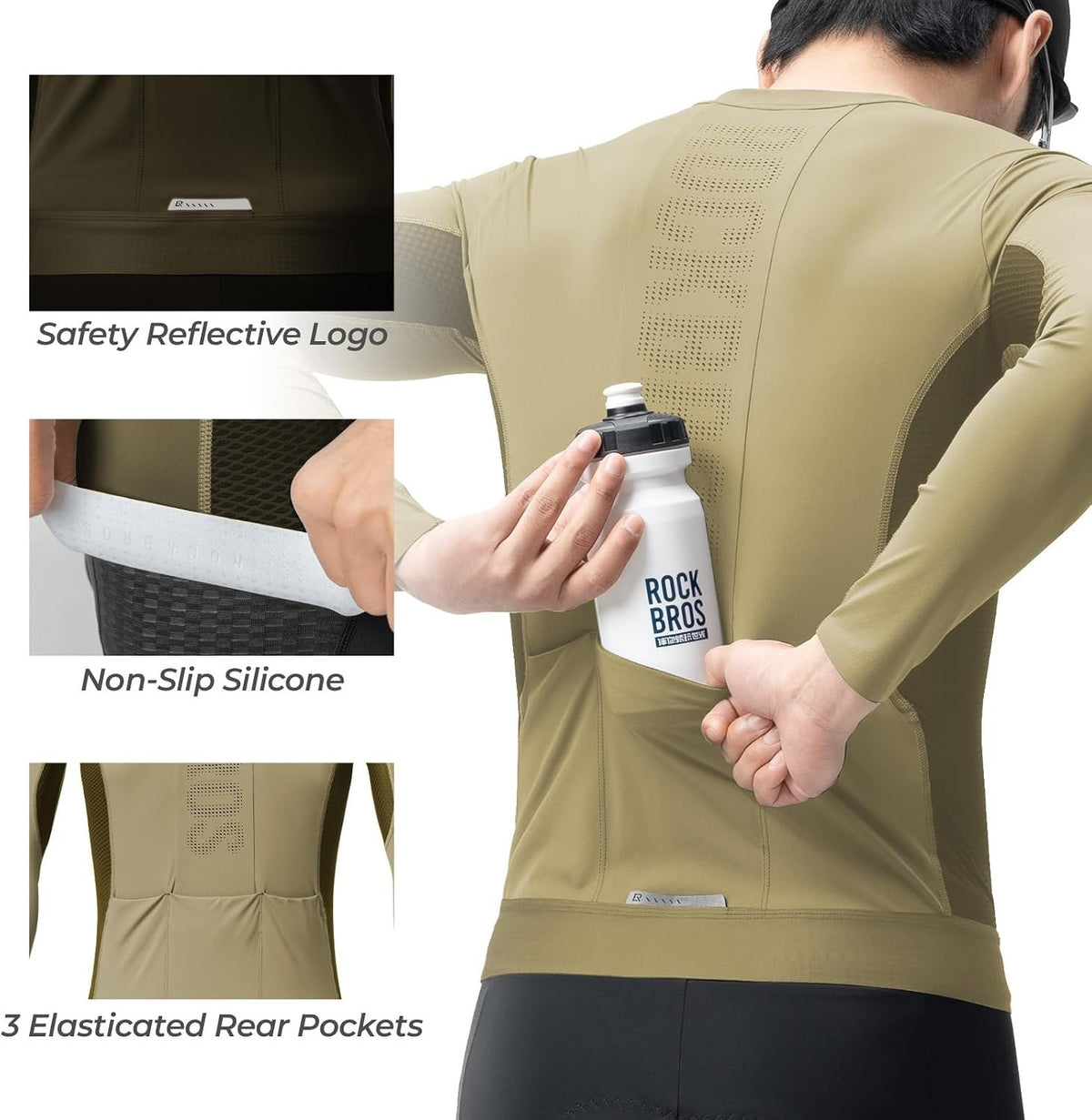 ROCKBROS Fahrradtrikot Radtrikot Langarm Herren, Atmungsaktiv Taupe