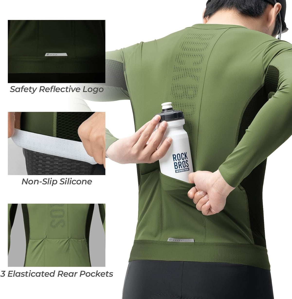ROCKBROS Fahrradtrikot Radtrikot Langarm Herren, Atmungsaktiv Dark Green