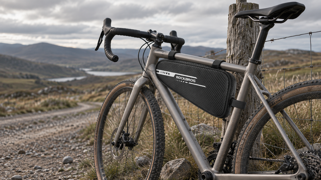 Rahmendreiecktasche – am Fahrrad neben einem Weidezaun