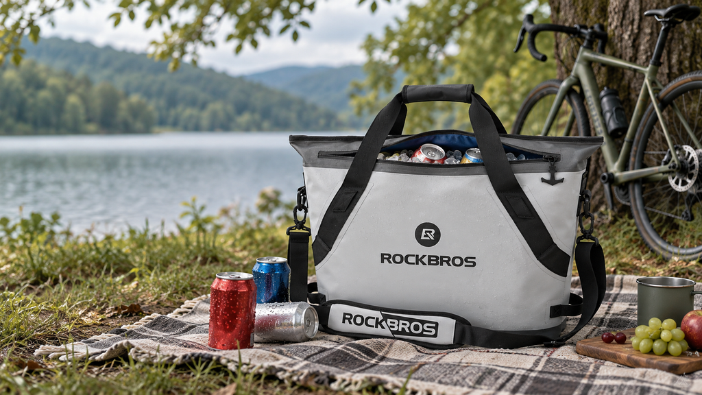 Kühltasche 22 L – geöffnet mit Dosen und Eis auf einer Picknickdecke am See