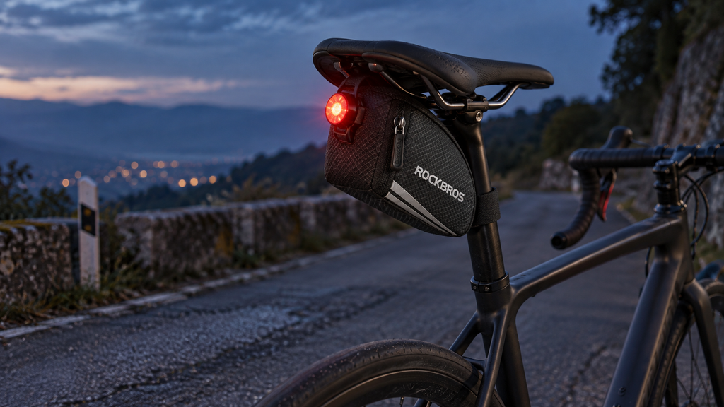 Satteltasche – am Fahrrad mit rotem Rücklicht in der Abenddämmerung