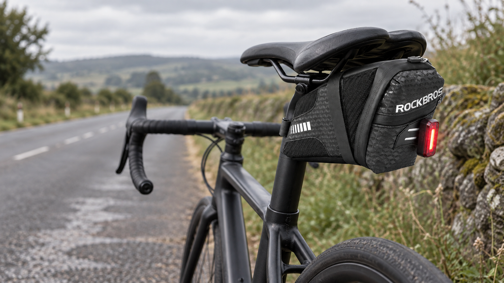 Satteltasche 1,5 L – mit rotem Rücklicht am Fahrrad am Straßenrand
