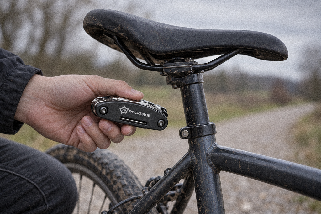 Multitool 16-in-1 aus Cr-Mo-Stahl – in einer Hand neben dem Sattel eines Fahrrads