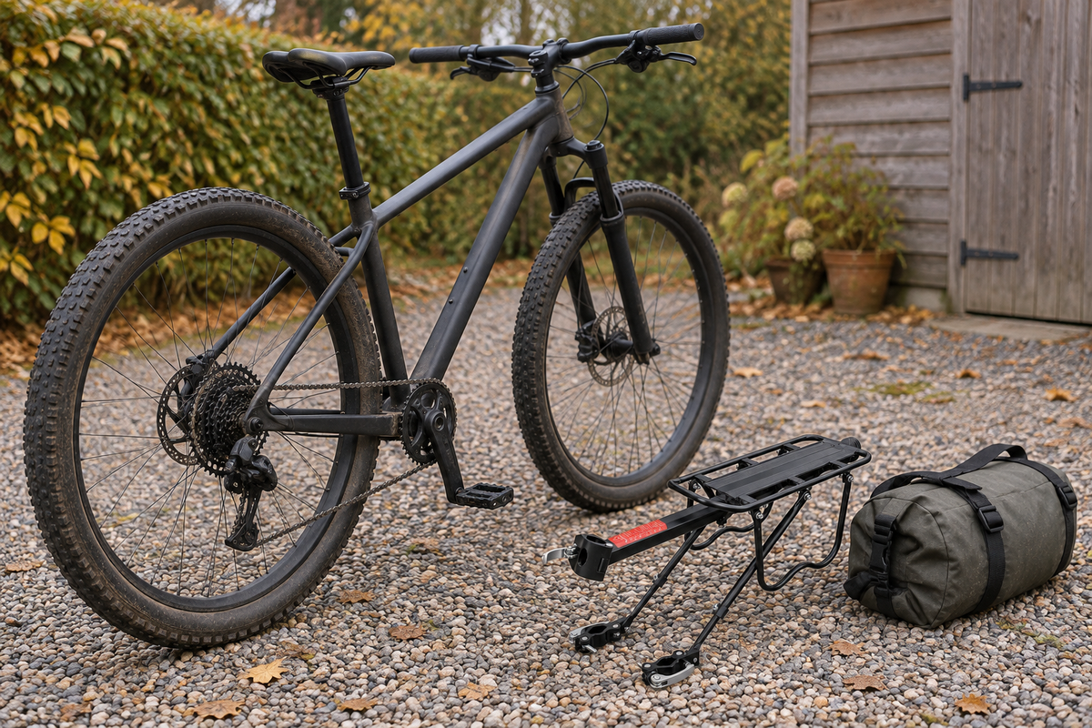 Gepäckträger Alu – neben Fahrrad und Gepäck auf einem Schotterplatz