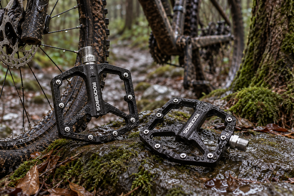 Plattformpedale Schwarz – zwei nasse Pedale auf einem moosigen Stein neben einem Fahrrad