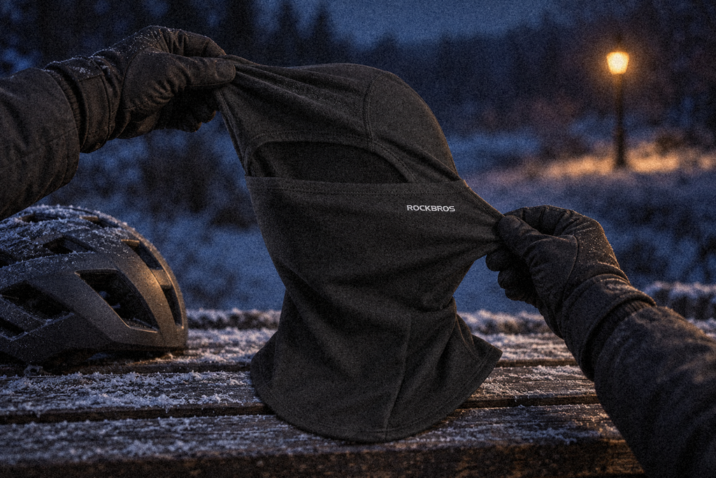 Sturmhaube aus Fleece für den Winter – auf einer Bank neben einem Fahrradhelm im Winter