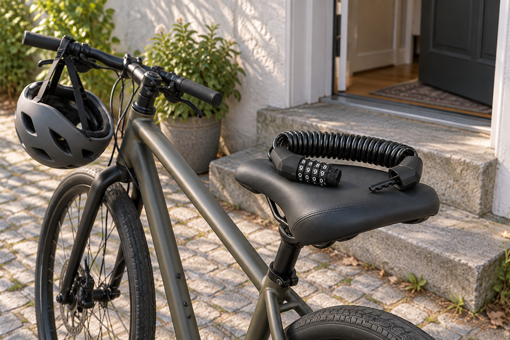 Zahlenschloss mit Spiralkabel – geöffnet auf einem Fahrradsattel vor der Haustür