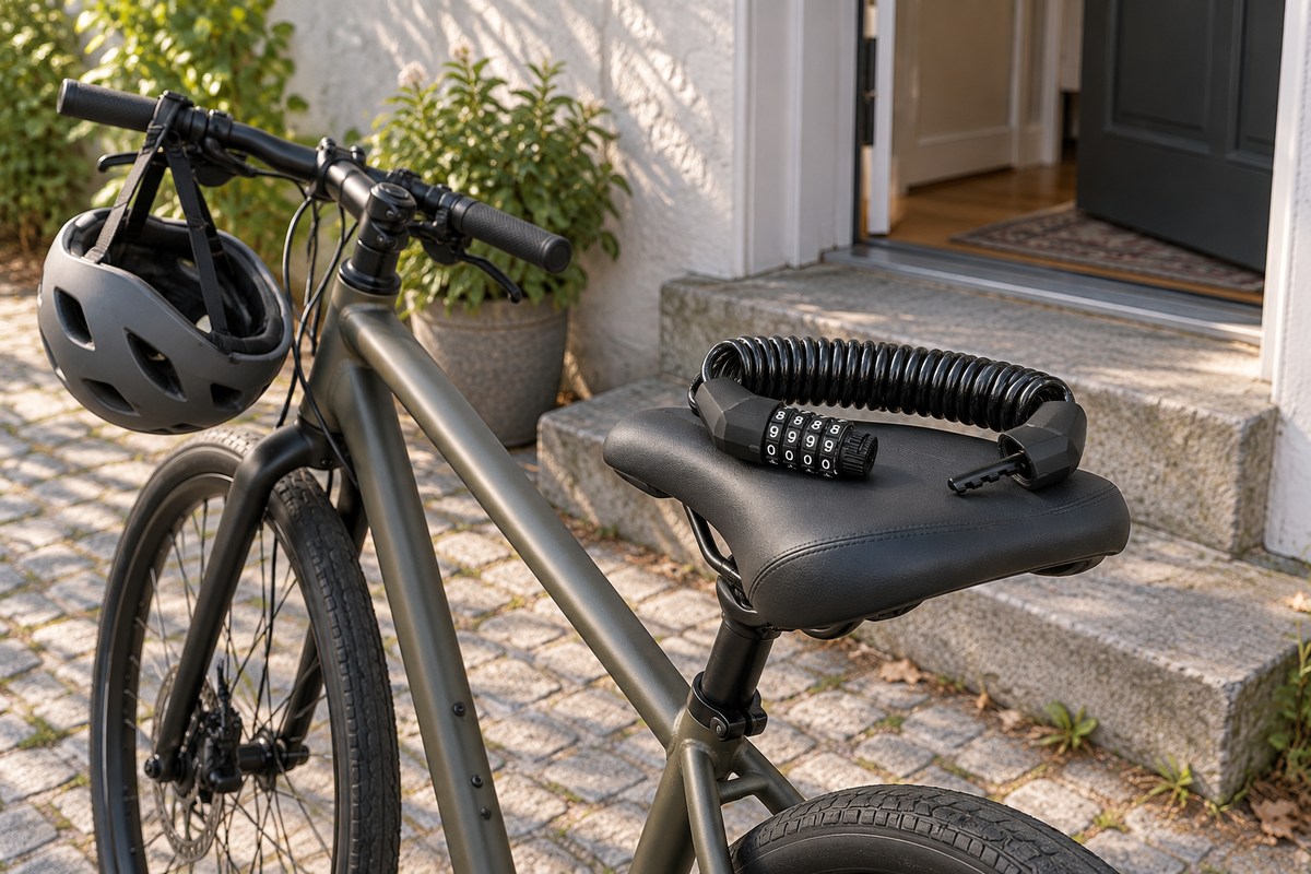 Zahlenschloss mit Spiralkabel – geöffnet auf einem Fahrradsattel vor der Haustür