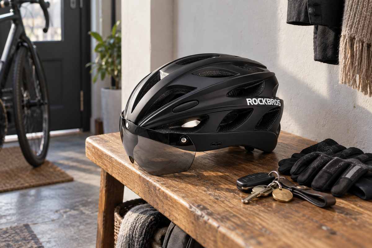 Fahrradhelm Schwarz – neben Handschuhen und Schlüsseln auf einer Bank