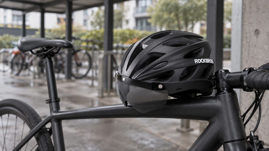 Fahrradhelm Schwarz – auf dem Fahrrad an einem Abstellplatz