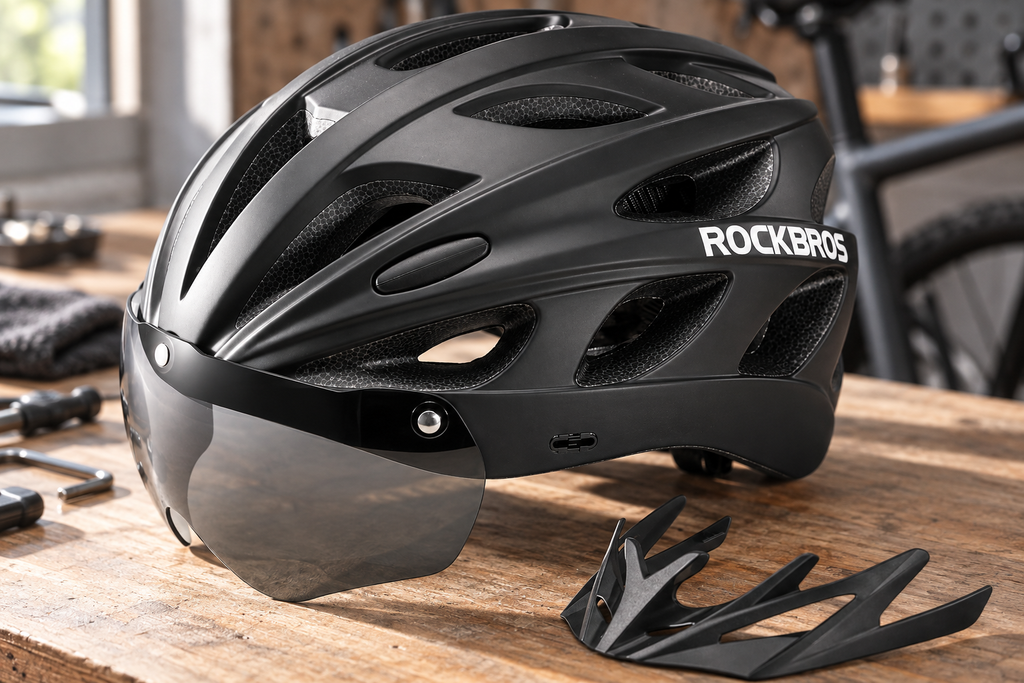 Fahrradhelm Schwarz – mit separatem Schirm auf der Werkbank