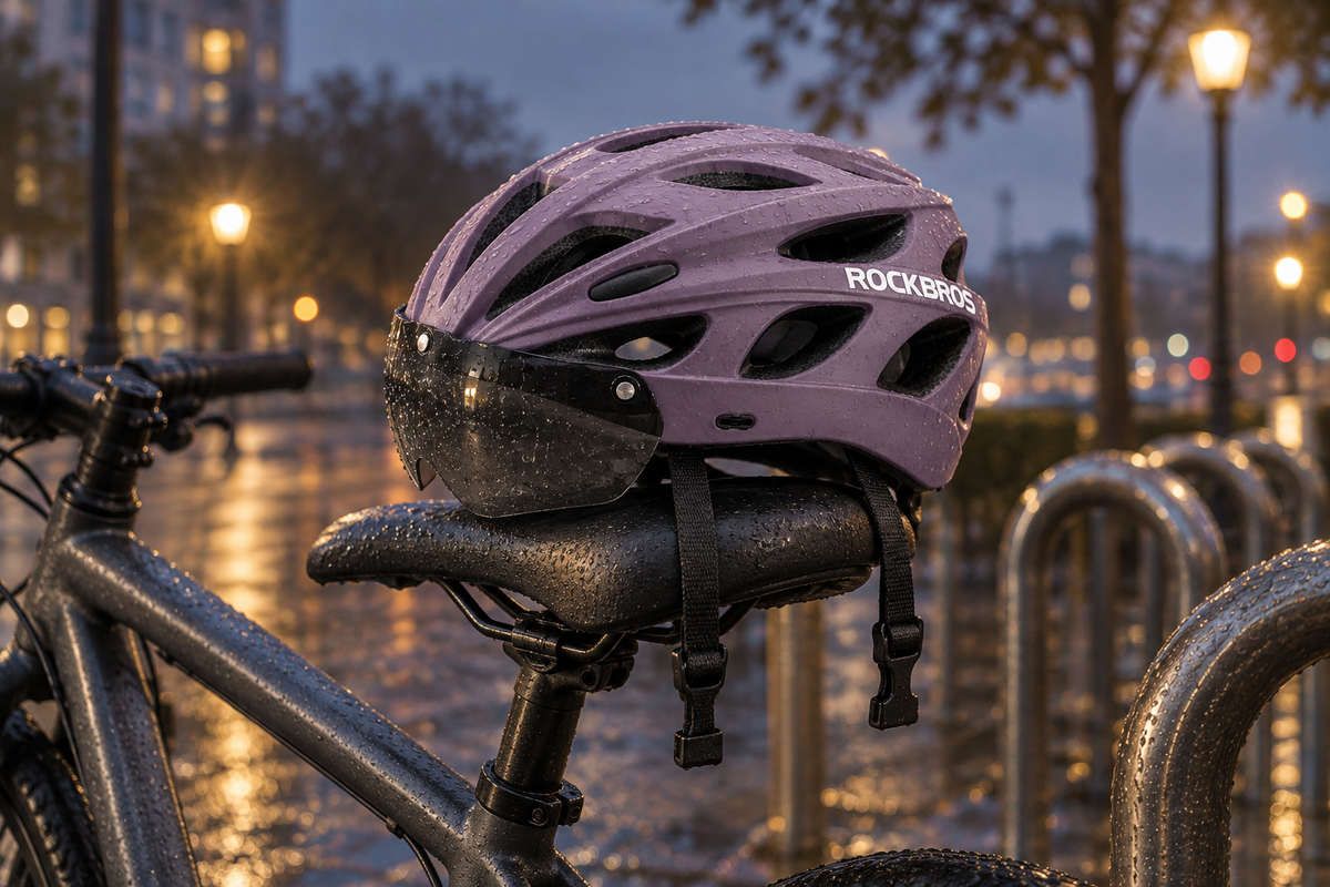 Fahrradhelm Violett – auf dem Sattel an einer nassen Straße