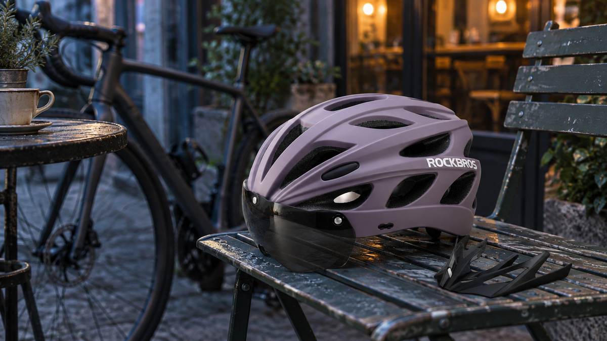 Fahrradhelm Violett – auf einer Bank neben dem Fahrrad