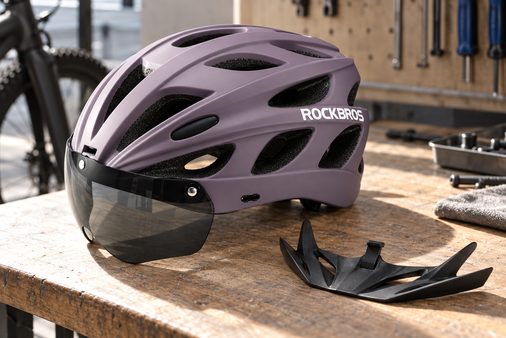 Fahrradhelm Violett – mit separatem Schirm auf der Werkbank