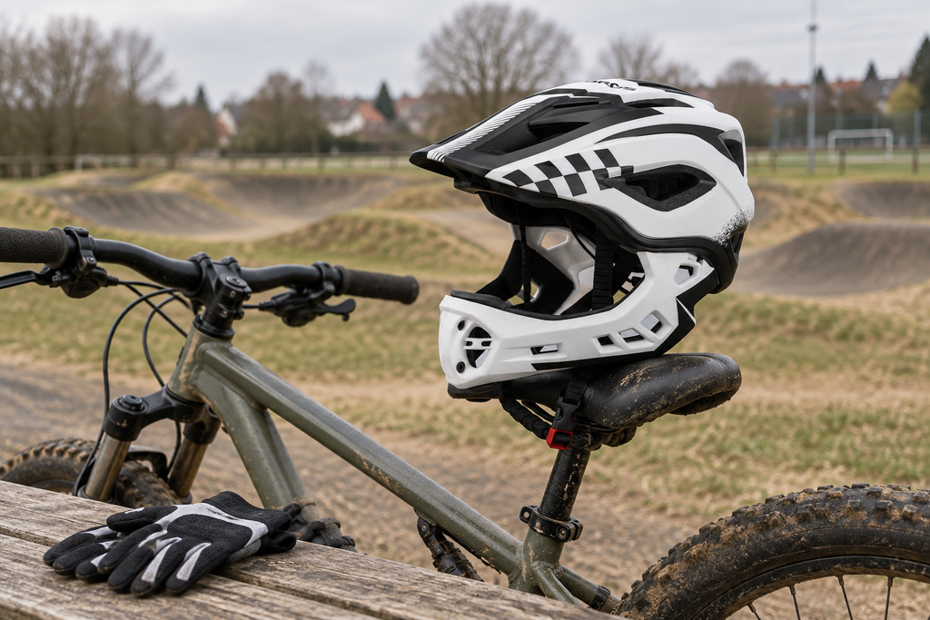 Kinderhelm Fullface Weiß – auf dem Sattel neben einer Pumptrack-Strecke
